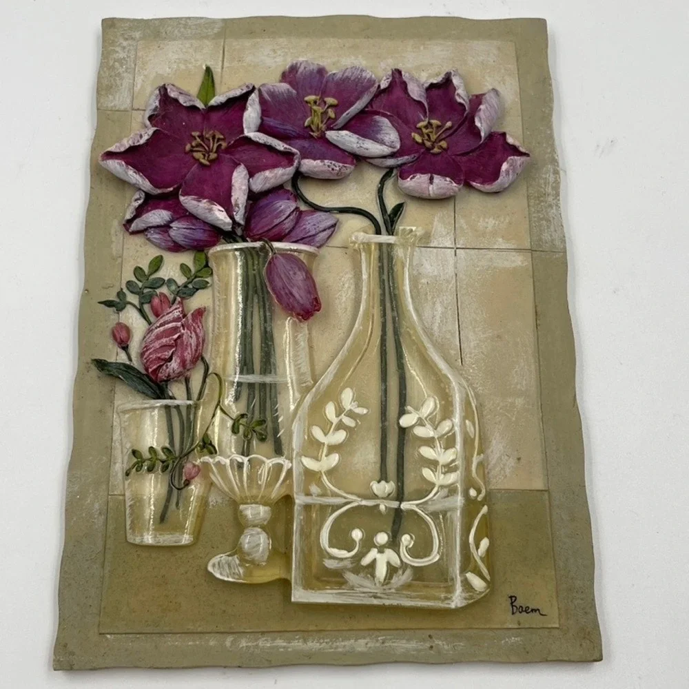 Baem Signed 3D Floral Relief Wall Plaques Set of 2 Calla Lily Purple Flowers 7in